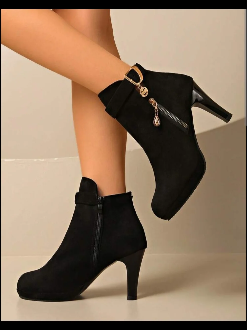 Women's Black Suede Ankle Boots with Gold Accent - Picture 1 of 9